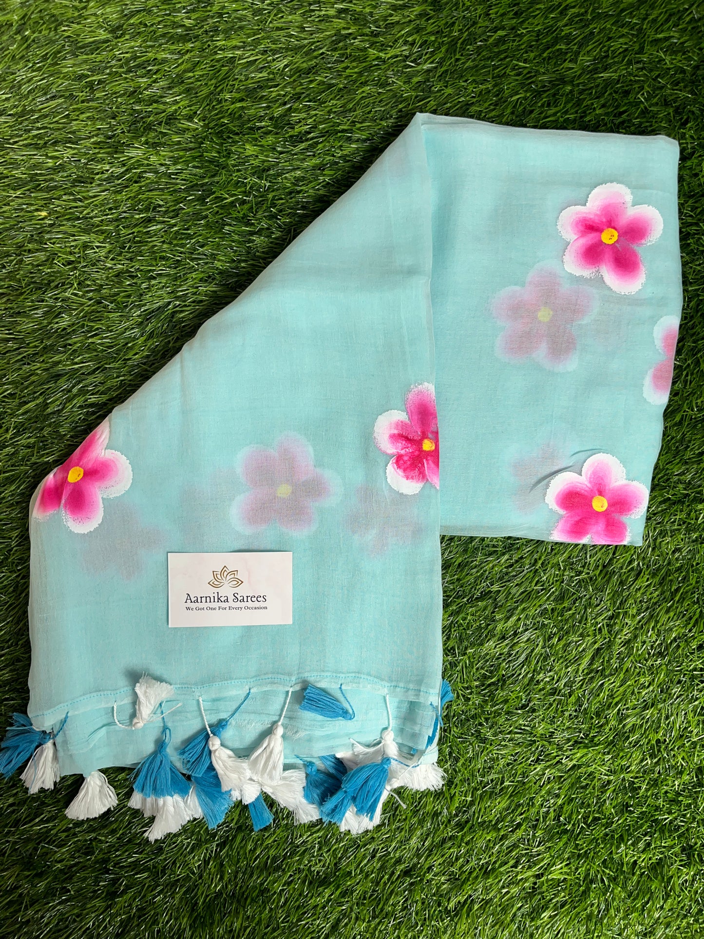 MUL COTTON / HAND PAINTED FLOWERS / SEA BLUE