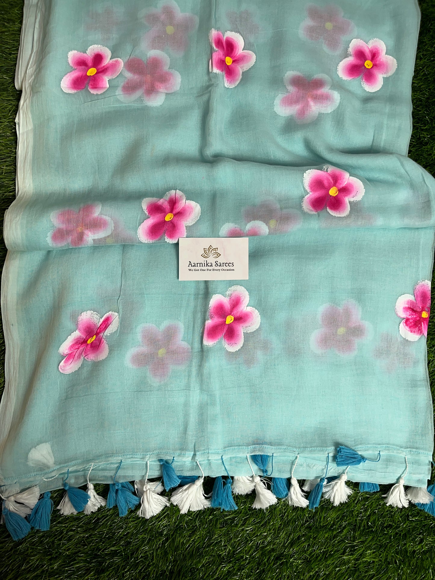 MUL COTTON / HAND PAINTED FLOWERS / SEA BLUE