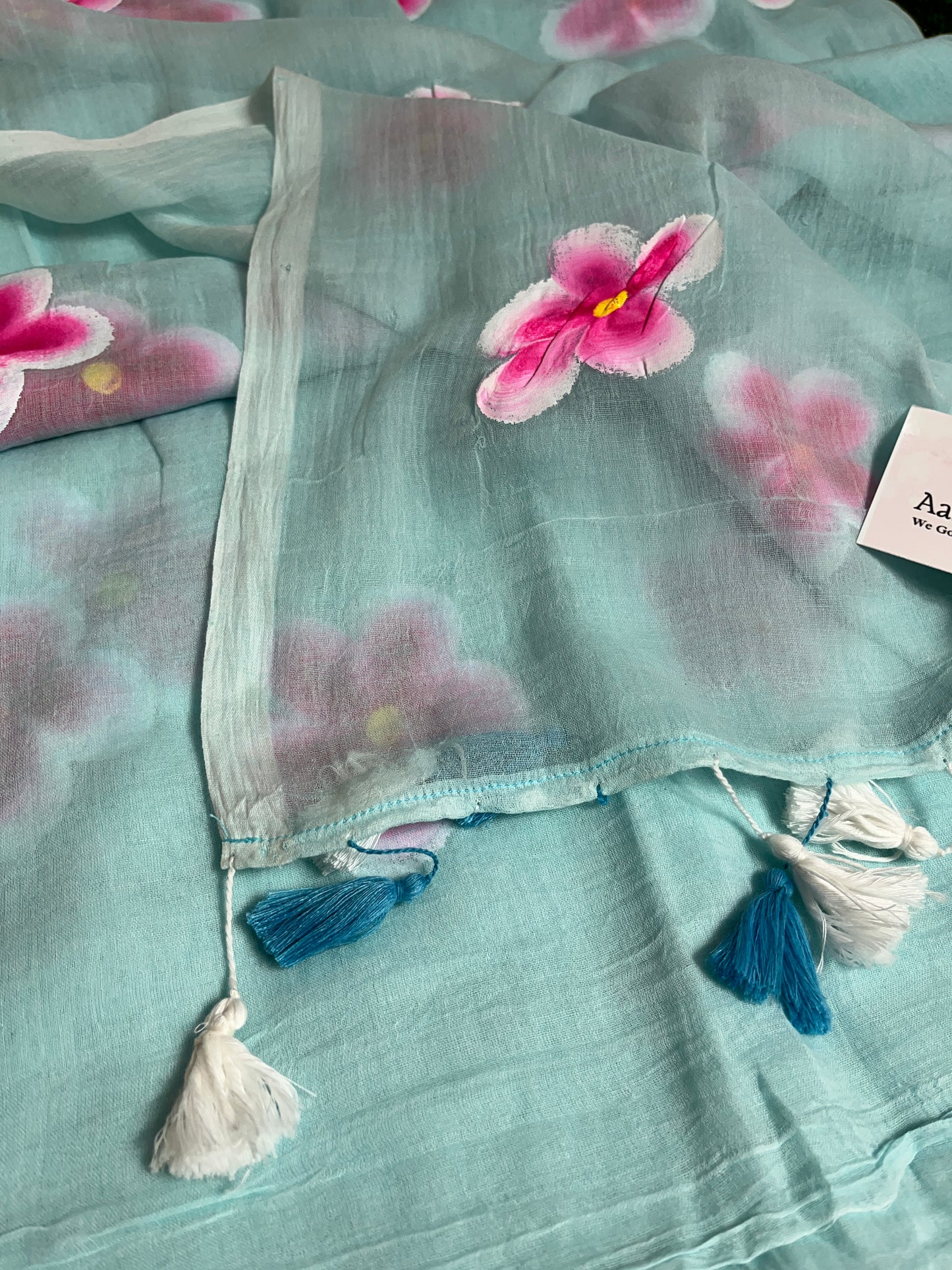 MUL COTTON / HAND PAINTED FLOWERS / SEA BLUE