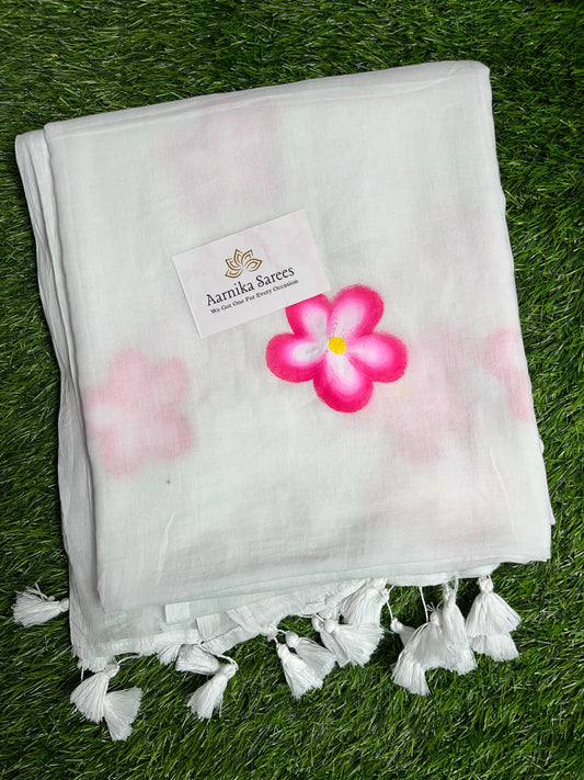 MUL COTTON / HAIND PAINTED FLOWERS / WHITE