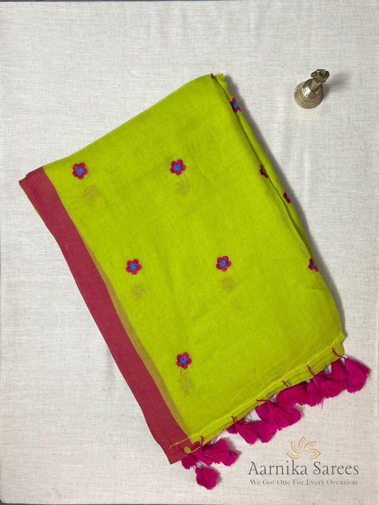 MUL COTTON /  FLOWER EMBROIDERY / NEON GREEN