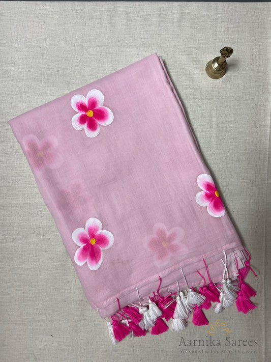 MUL COTTON / HAND PAINTED FLOWERS / LIGHT PINK