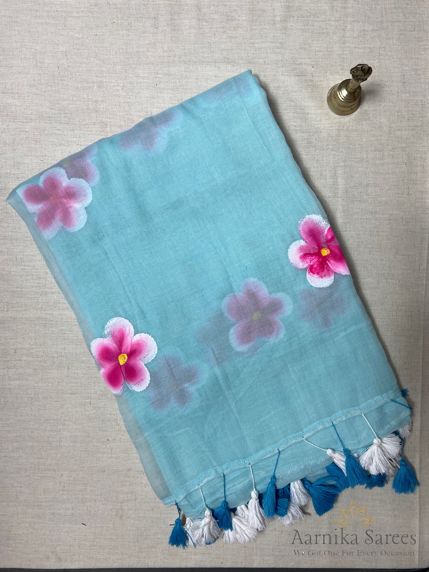 MUL COTTON / HAND PAINTED FLOWERS / SEA BLUE