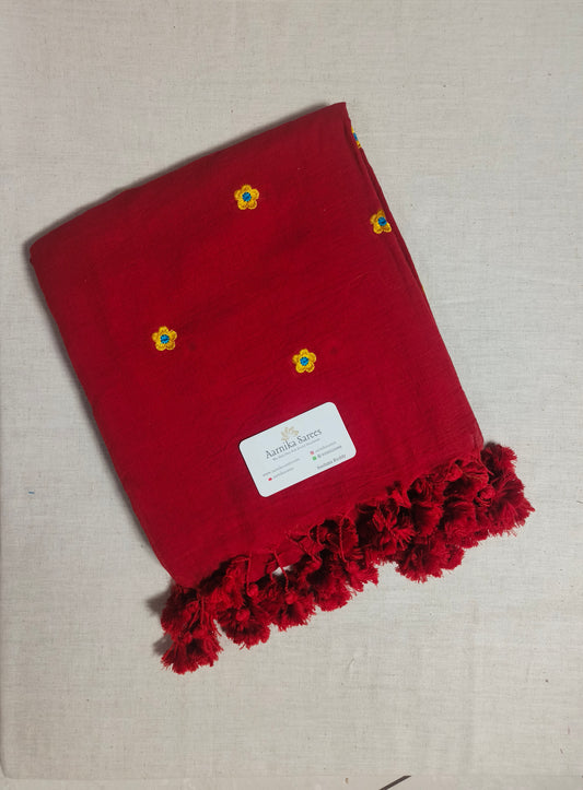 MUL COTTON /  FLOWER EMBROIDERY / RED